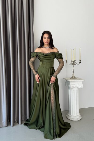 Serica Moda Haki Kayık Yaka Balenli Dantel Detaylı Uzun Abiye Elbise