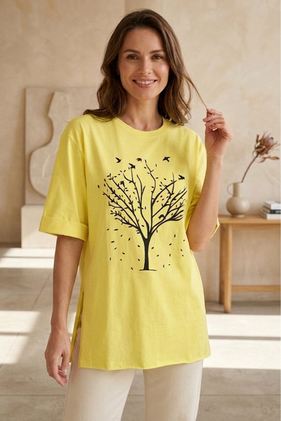 TOFİSA Printed Short Sleeve Tunic with Slits - 1315-Yellow