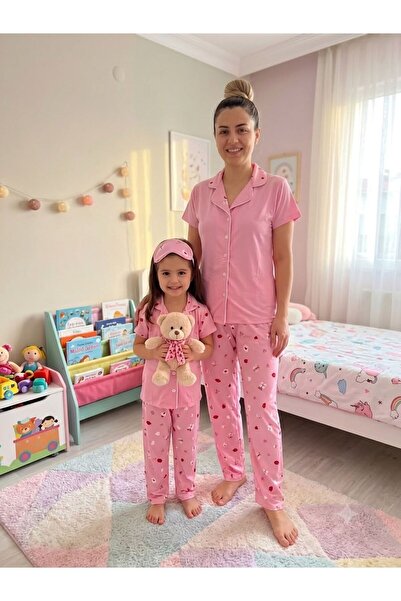 tusem butik homewear Majka-ćerka pamučni roze poklon paket sa uzorkom, košulj...