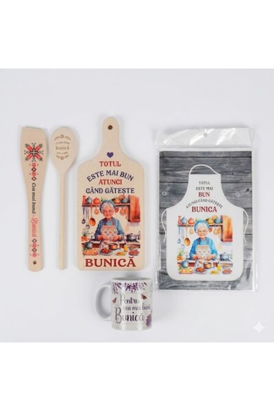 LimArt Set cadou personalizat pentru Bunica – Șorț de bucătărie, Tocător, Can...