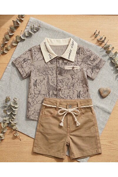 RÜYA KİDS Boy's Summer Muslin Shirt and Linen Shorts 2-Piece Set