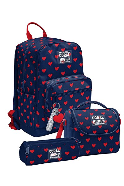 Coral High Navy Blue Red Heart Patterned Girls' Primary and Secondary School ...
