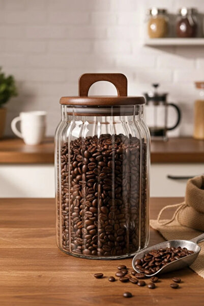Bereketli Store Mien Lenny Acacia Lid Striped Glass Jar 1600 ml |   Storage C...