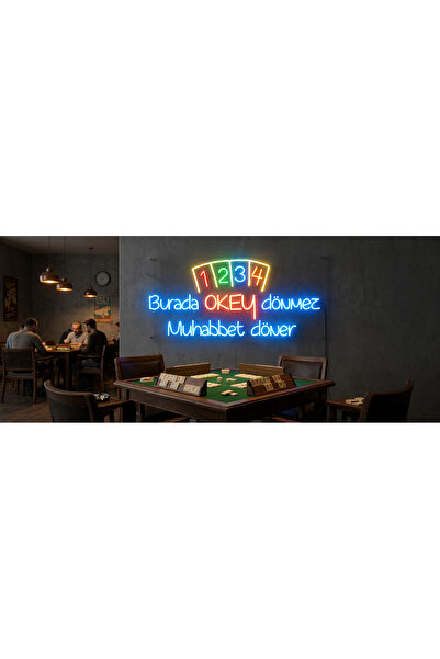 dekoraven Burada Okey Dönmez Muhabbet Döner Neon LED Tabela | Dekoratif Işıkl...