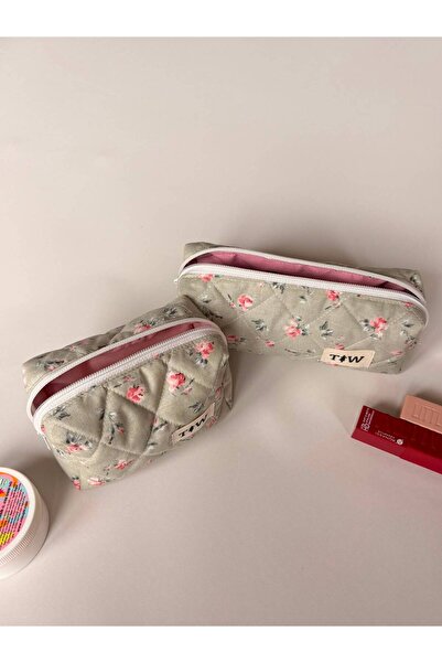 TALL WAY Set of 2 Makeup Bags with Green Rose Pattern
