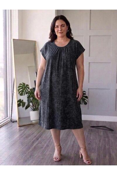 emeliyamoda Düşük Kol Büyük Beden Batik Desen Pamuklu Anne Elbise