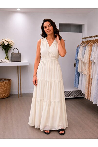 MARE BUTİK Fluid Textured Adjustable Waist V-Neck Long Dress-Ecru