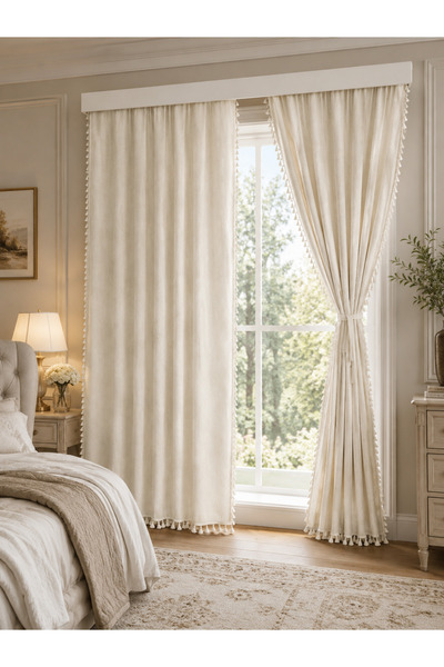 Luxoras Home Krem Keten Püsküllü Vintage Fon Perde - Kornişli, %100 Doğal, Ba...
