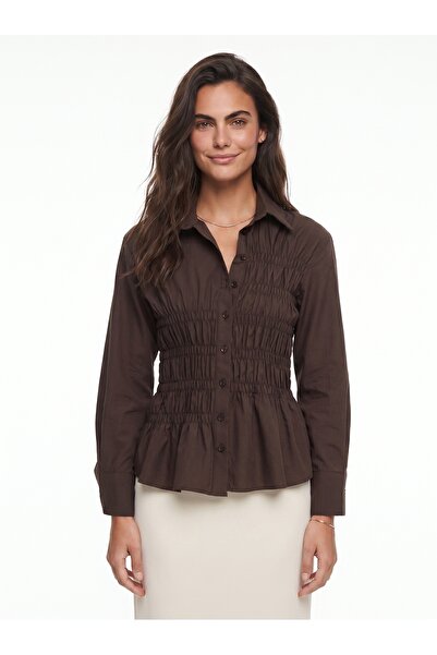 ONLOOX Bitter Brown Cotton Poplin Classic Shirt with Collar, Waist-Tied Gathe...