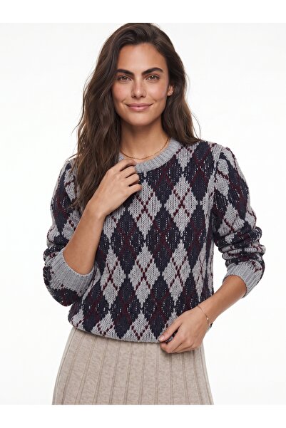 ONLOOX Gray Cotton Viscose Blend Crew Neck Argyle Patterned Standard Fit Knit...