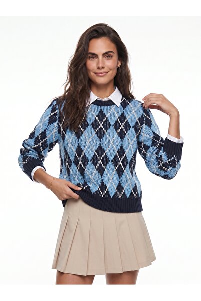 ONLOOX Navy Blue Cotton Viscose Blend Crew Neck Standard Fit Argyle Knitted S...