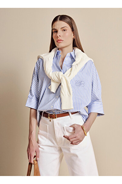 BROOKS BROTHERS Mavi Kadın Rahat Çizgili Gömlek BBSS26FSH018