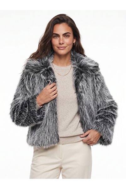 ONLOOX Black and White Polyester Faux Fur Wide Collar Lined Single Button Det...