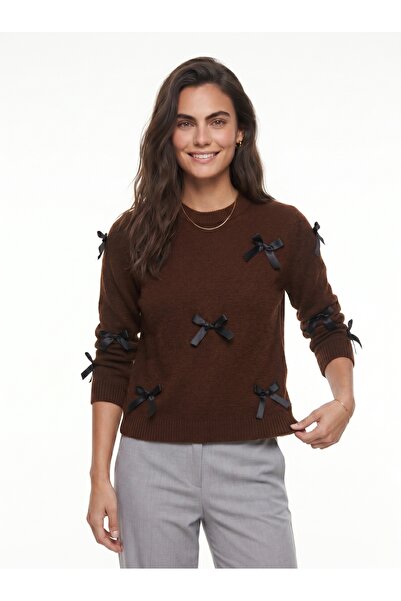 ONLOOX Bitter Brown Stretchy Knitwear Fabric Crew Neck Regular Cut Bow Detail...