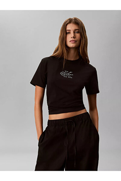 Calvin Klein Damen-T-Shirt aus Baumwolle mit normalem Schnitt, Rundhalsaussch...
