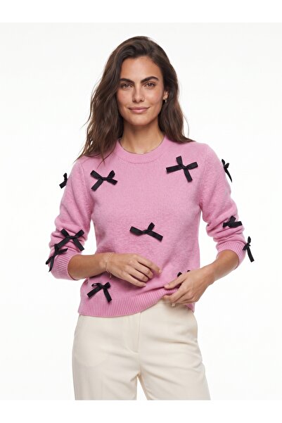 ONLOOX Powder Pink Acrylic Blended Crew Neck Regular Cut Bow Detail Soft Knit...