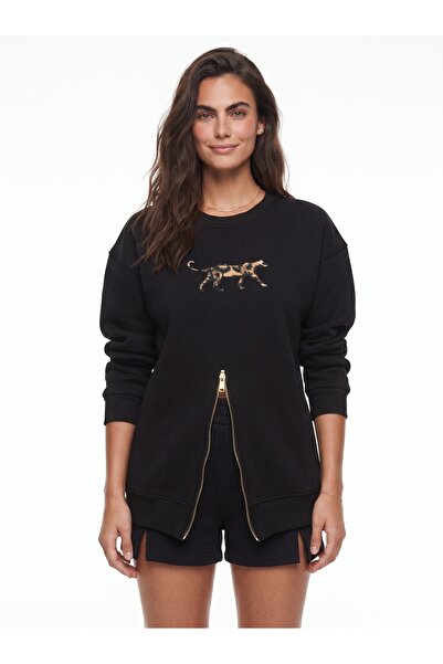 ONLOOX Black Cotton Three-Thread Ribbed Crew Neck Zip-Front Leopard Print Swe...