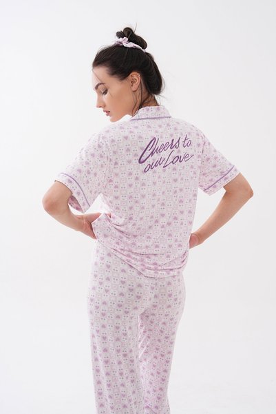 LULUS FRİENDS Shirt Collar Short Sleeve Buttoned Checkered Heart Patterned Shorts Milan Women's Pajama Set