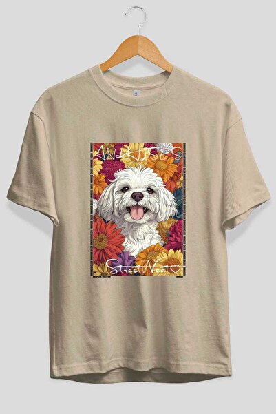 Ankhises For Dog Lovers 10 Pre-Printed Dog Images Beige Oversize T-Shirt 100%...