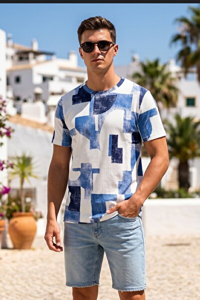 Azıcık Akıllı Men's Blue and White Patterned Flexible Crepe Wrinkled Fabric T...