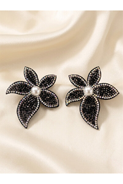 Pelin Aksesuar Black Crystal Stone Pearl Flower Earrings