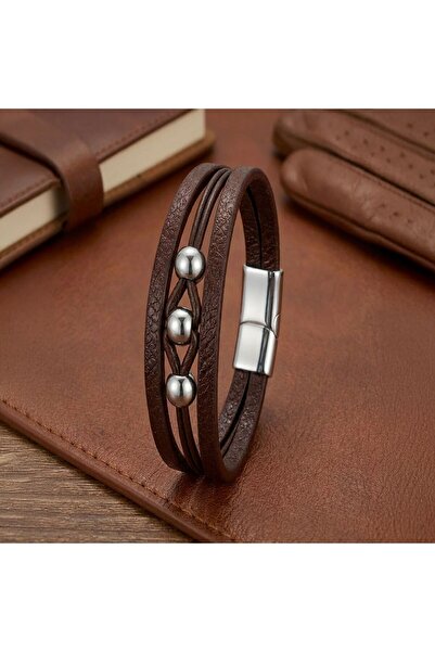 Parmas Design Çelik Top Detalı Erkek Deri Bileklik Premium Hediye 01825