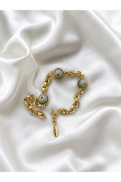 TuQos Gold Color Women's Bracelet with Evil Eye Bead Detail and Zircon Stone, Adjustable Chain Bracelet