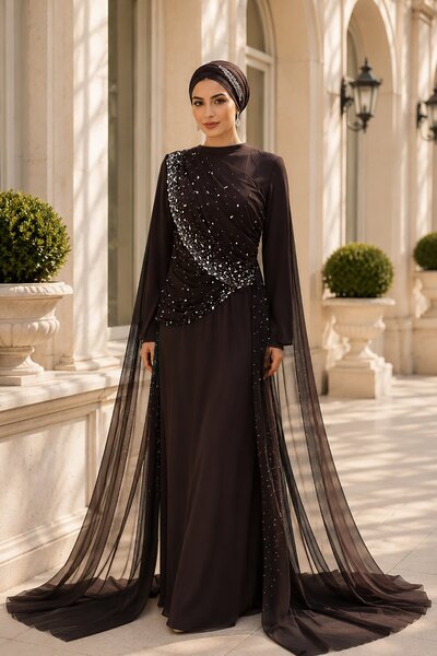 Rain and River Stone Embellished Hijab Evening Dress with Cape Detail