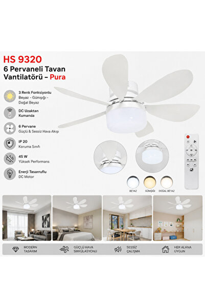 Helios 6 Pervaneli Tavan Vantilatörü, 45w, Dim Edilebilir 3 Renk Işık Fonksiyonu