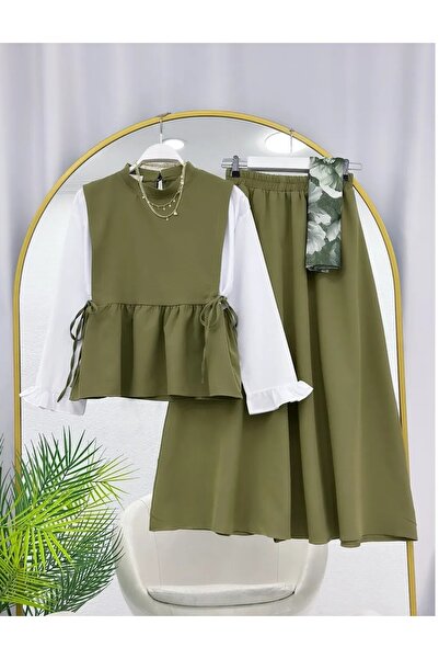 MODA MT Women's Ruffled Sleeve Shirt Detailed Blouse Skirt Set (Shirt Attache...