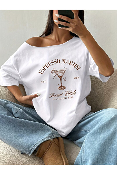 OVER HEAD Tricou de damă, 100% bumbac, cu imprimeu espresso, cu decolteu bărc...