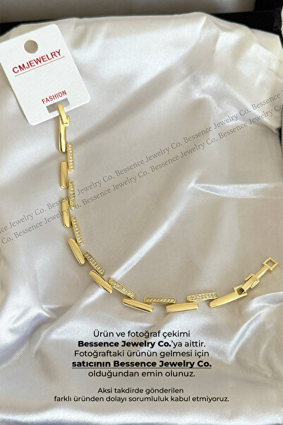 Bessence Jewelry Co CM Jew 14K Gold VIP Çubuk Bar Model Zirkon Taşlı Çelik Bi...