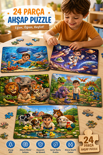 kutuTR 24 Parça Ahşap MDF Puzzle Seti 18x25 cm – Eğitici ve Eğlenceli Çocuk Yapbozu 5'Lİ SET 24P5SET001