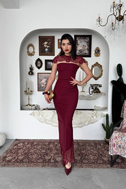 Caddebostan Moda Strapless Midi Dress with Lace Detail and Shoulder Cape, Eve...