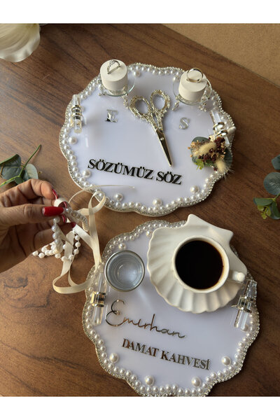 CatplexBoutique Söz Tepsisi - Kişiye Özel 2'li Nişan Tepsisi Damat Kahvesi Te...