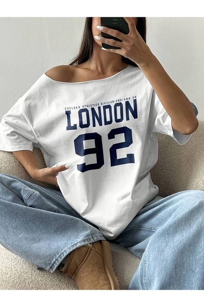 OVER HEAD Tricou pentru femei London 92, cu imprimeu, cu gât barcă și umeri g...