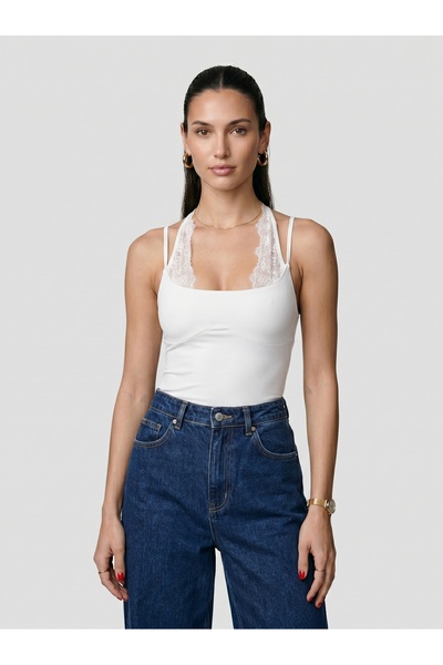 Noe Collection Kadın Dantel Yaka İnce Askılı Çıtçıtlı Bodysuit