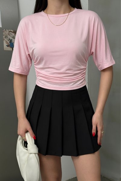 spirituel Women's T-Shirt Short Batwing Sleeve Crew Neck Side Gathered Pleated Sandy Blouse