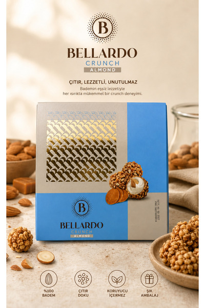 BELLARDO Crunch Almond Bademli ve Krema Dolgulu Gofret Toplar 200 Gr-Hediyeli...