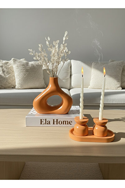 ELASİBEL HOME Büyük Pampas Vazosu, Turuncu Flot Vazo 2’li Şamdan Mumluklu 4 P...