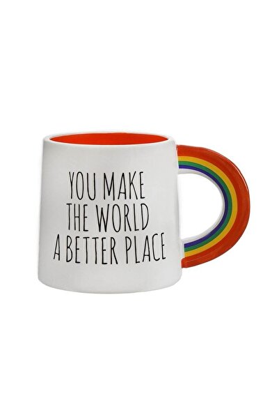 OEM Cană din ceramică portocalie 410ml, mâner rainbow