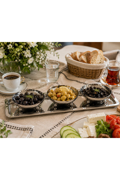 RoyalDecorHome Stainless Steel Rectangular Tray, 3-Piece Silver Color Forged Pattern Metal Mini Turefelle Plate, Serving Dish, Presentation Plate