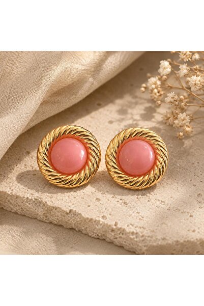 So Much Accesories Gold Twisted Frame Vintage Earrings with Pink Stone Detail