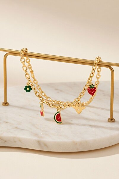 bacc Gold Watermelon and Cherry Figured Charm Necklace