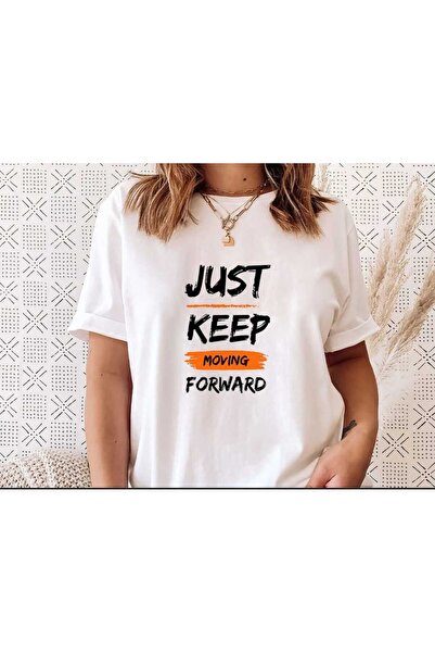 JENOLAN Just Keep Written Printed Λευκό Oversize Casual Boyfriend T-shirt