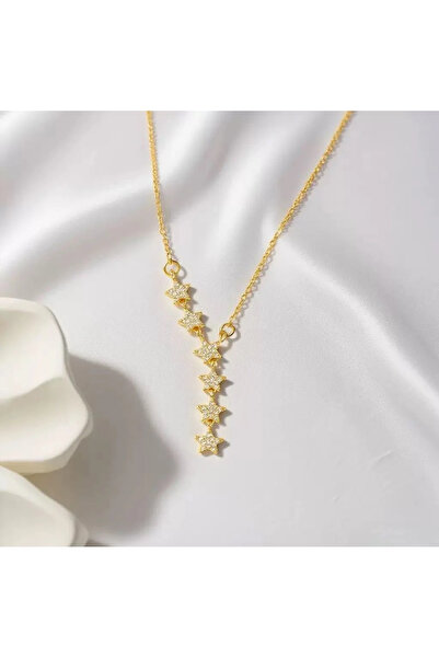 BlcGemStone "Gold Renk Çoklu Yıldız Tasarım Çelik Kolye - Zirkon Taşlı Modern...