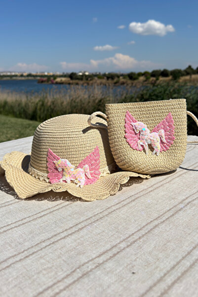 Mollycrush Yazlık Kız Çocuk Hediye Hasır Şapka Çanta Set Unicorn Model | Güne...