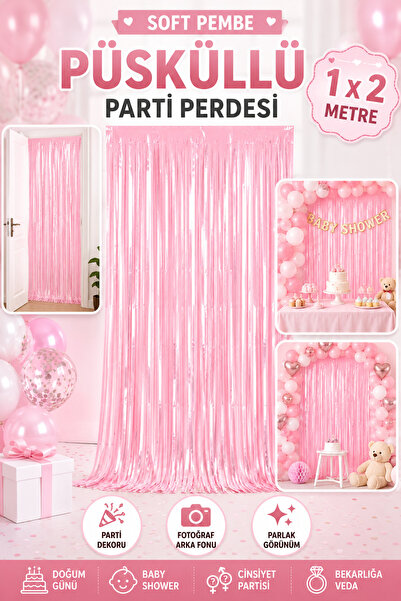 Tamsena Store Soft Pembe Püsküllü Parti Perdesi 1x2 m – Baby Shower, Cinsiyet...