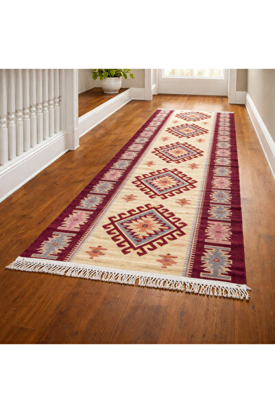 Kotonia Home Covor țesut - Decor tradițional, 60x150 cm, fundal bordo și nuan...