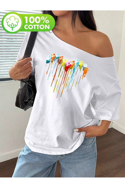 OVER HEAD Tricou pentru femei, cu imprimeu cu inimă și labă pictată, cu gât b...